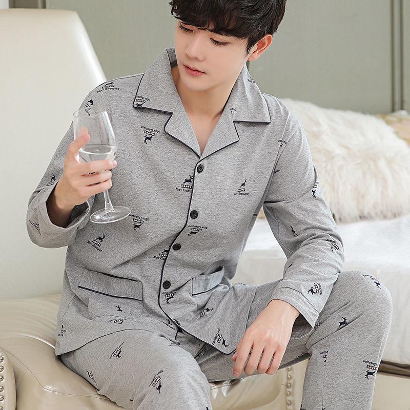 Men's 100% Cotton Long Sleeve and Pants Pajama Set - Plus Size, Spring/Autumn, Loose Fit, Two-Piece Home Wear