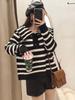 Women's 2024 Hot Style Thickened Striped Sweater with Navy Collar - Lazy Niche Design for Autumn and Winter
