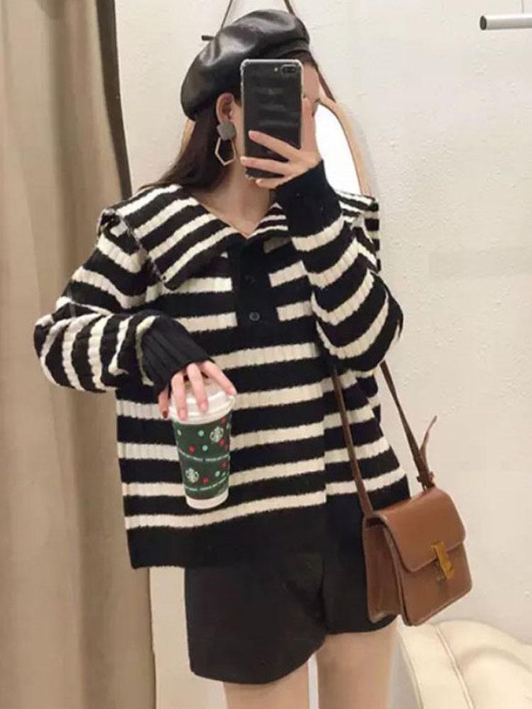 Women's 2024 Hot Style Thickened Striped Sweater with Navy Collar - Lazy Niche Design for Autumn and Winter