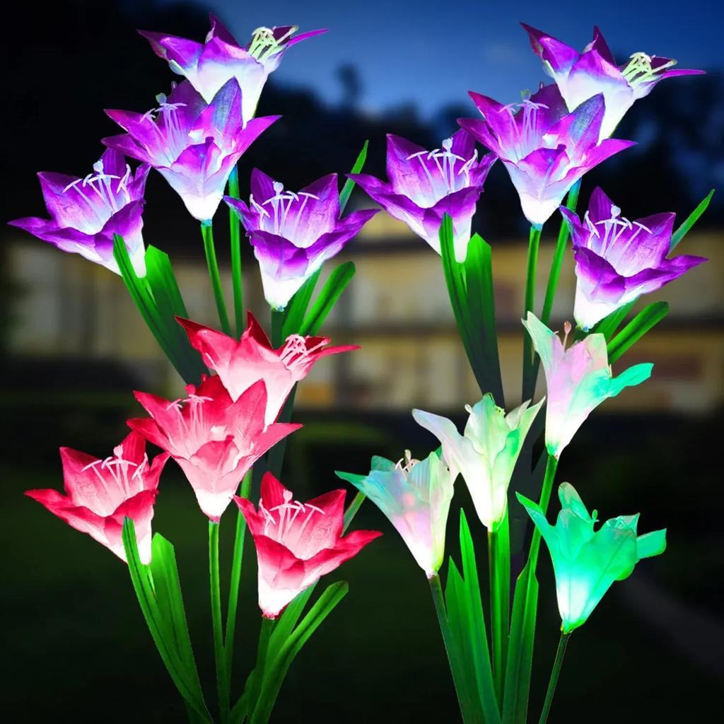 Solar Powered Lily Flower Garden Lights Waterproof LED Outdoor Decorative Pathway Lamps for Yard Lawn Wedding Holiday Decor
