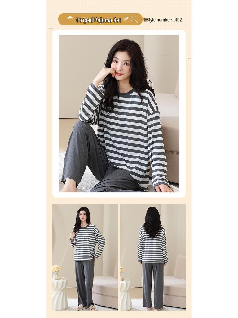 Pyjama d'automne pour femme à col rond rayé à manches longues avec coussinets de poitrine - Ensemble décontracté grande taille pour la maison et l'extérieur