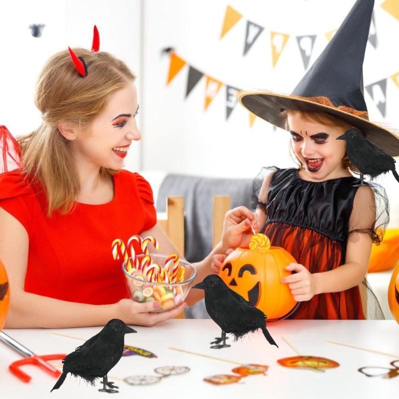 Realistic Feathered Crow Eerie Artificial Corbie Bird for Party Accessories Frightening Indoor Outdoor Decoration Jewelry