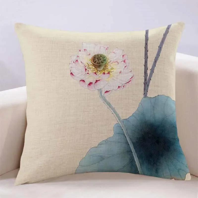New Lotus Cushion Cover Printed Linen Pillow Cover Chinese Style Home Pillow Cushion Cover Sofa Living Room Beige