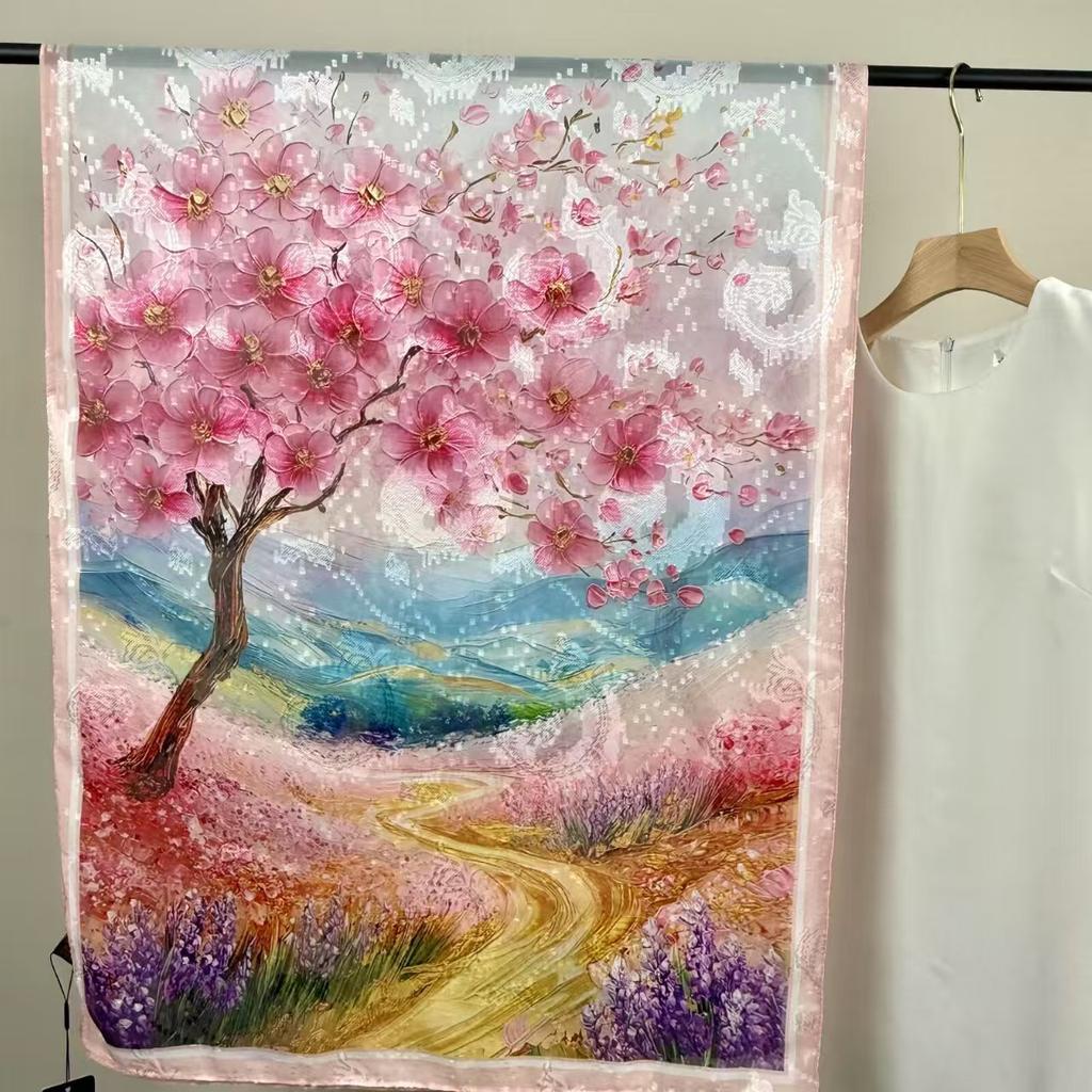 Cut Flower Silk Scarves, Women'S Summer Thin Styles, Send Mother Shawls, Middle-Aged And Elderly Scarves, Travel Photos, Beach Towels