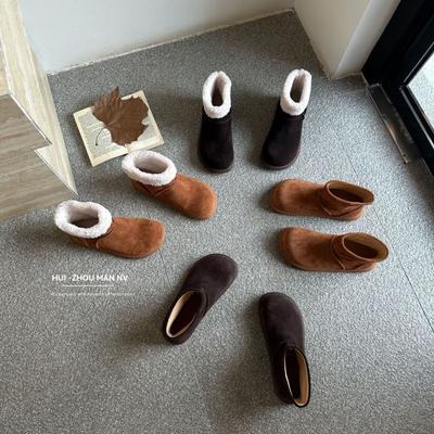 The First Layer of Cowhide~ Thick-soled Ugly Cute Bread Birkenstocks Short Boots Women's Retro One-pedal Snow Boots Short Cotton Boots