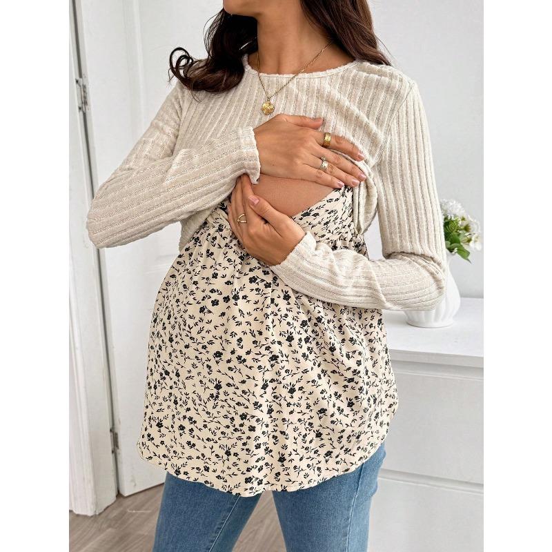 Pregnant Women's Top Knitted with Patchwork Printing for Breastfeeding and Casual Maternity Pullover