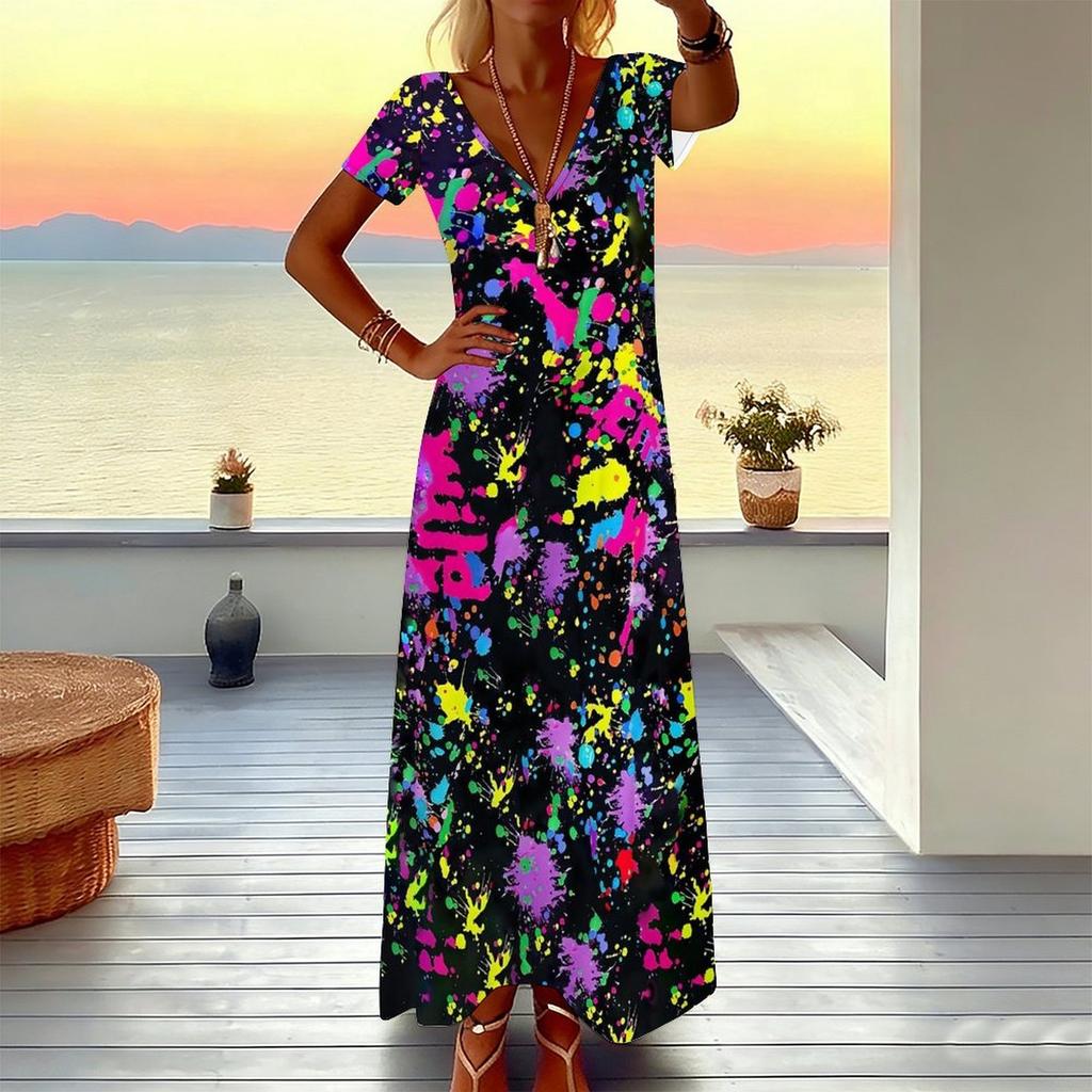 Women Plus Size V Neck Short Sleeve Maxi Dress Spiral Tie Dye Print Loose Summer Holiday Long Dress