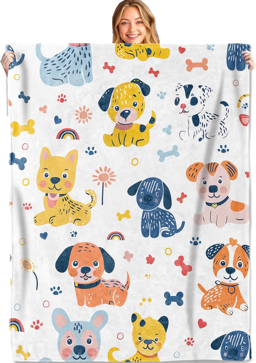 Cute Puppy Dog Throw Blanket,Soft, Lightweight Flannel,Adorable Cartoon Dogs with Rainbow, Flowers, and Bones on White Blankets 75X95CM