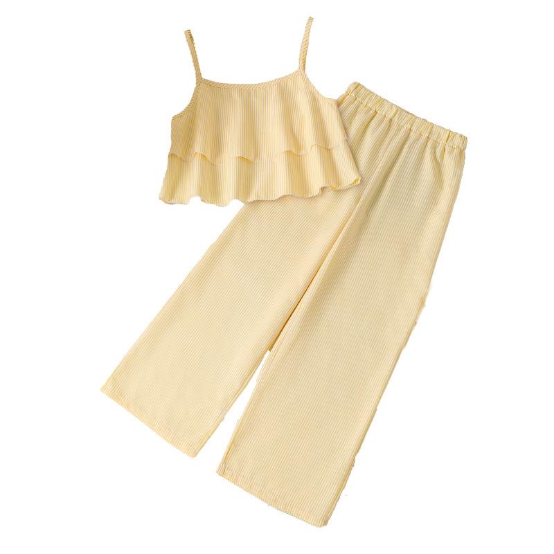 Girls Summer Casual Suit 2025 Children Clothing Striped Suspender Top + Straight Wide-leg Pants Two-piece Set
