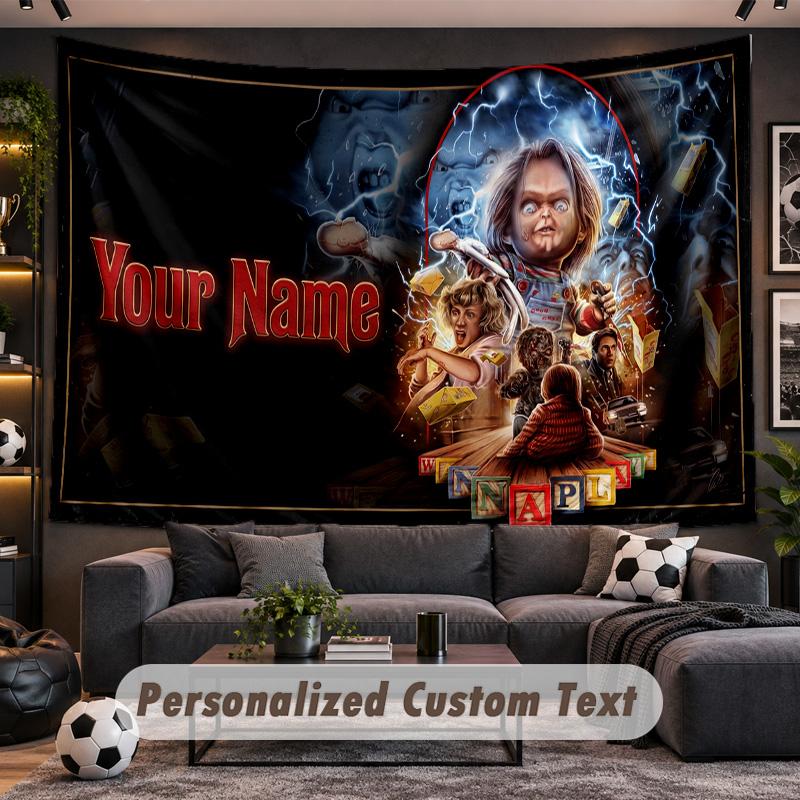 Child's Play Chucky Tiffany Personalized Tapestry Support Custom Name, Wall Art Home Decoration
