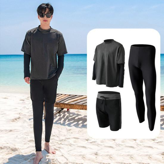 2 Pcs/Set Unisex Swimsuit Set Long Sleeves Quick-drying Fake Two-Piece Top Loose High Elasticity Adjustable Waist Couple Surfing Diving Clothes