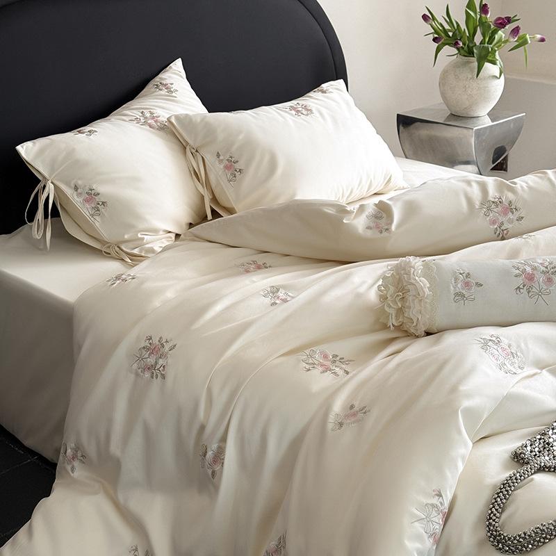 100S long-staple cotton satin bed four-piece set, cotton French girl heart embroidery pure cotton bed sheet quilt set three-piece set