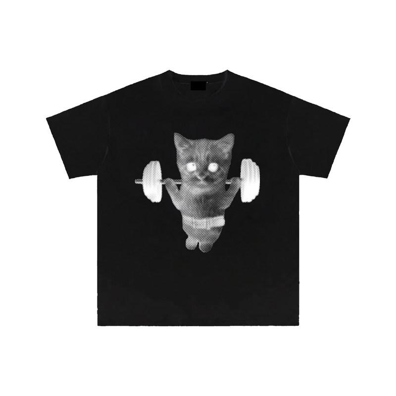 Adult and Children Parentchild Contrast Full of Fitness Kitten Home Daily Cotton Short Sleeve Sports Casual Tshirt