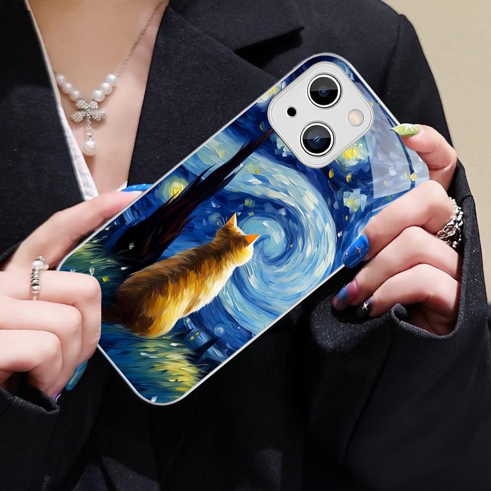 Starry Sky Cat Phone Case For IPhone 14 13 12 Mini 11 Pro XS Max X XR 14 Plus Tempered Glass Cover