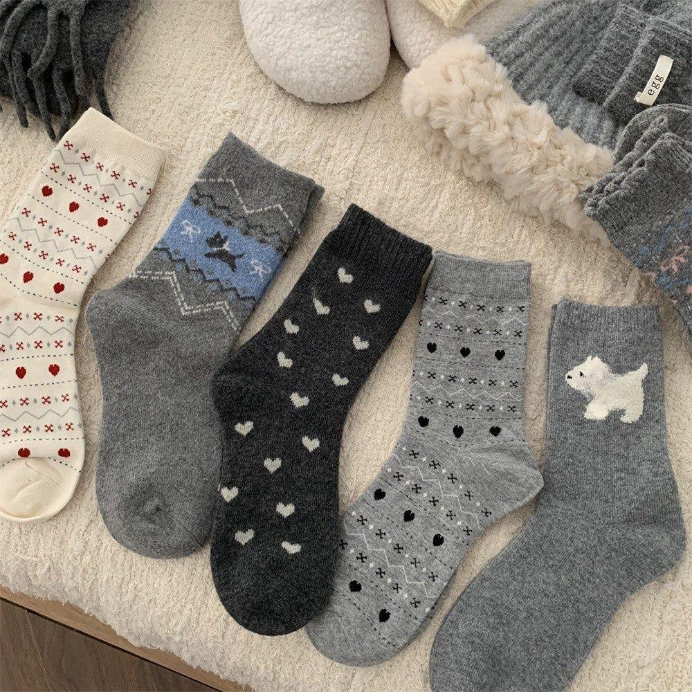 Girls' Grey Fair Isle Mid-Calf Cotton Socks, Autumn/Winter Warm Heart Pattern, Long Student Socks