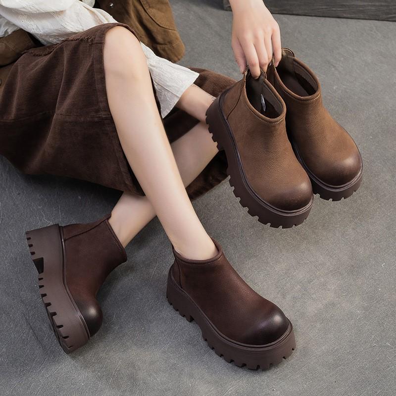 Johnature Genuine Leather Thick Soled Ankle Boots Retro Back Zipper Cowhide Commuting Women's Platform Shoes