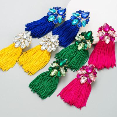 Women's Alloy Crystal Flower Tassel Earrings Bohemian Ethnic Long Drop Earrings