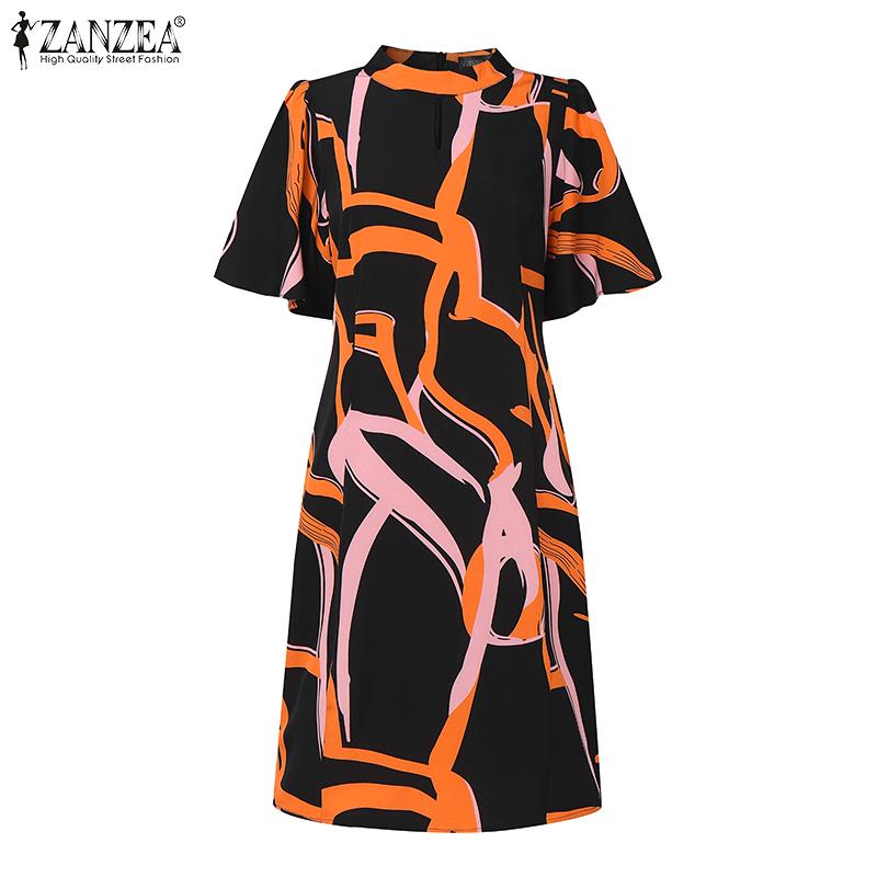 ZANZEA Women Summer Round Neck Short Sleeve Casual Print Dress
