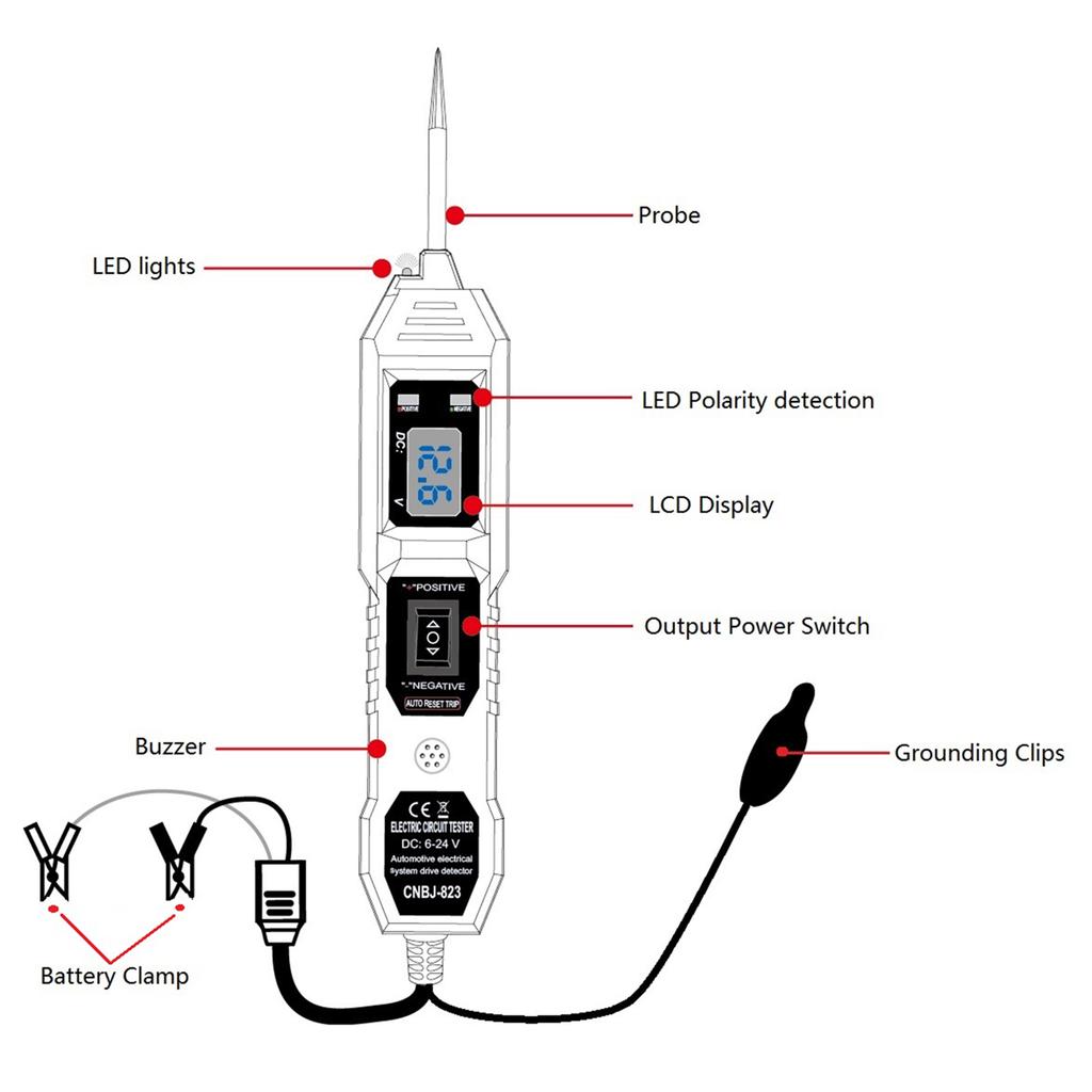 6-24V DC Circuit Probe Tester with Test Light, Short/Open Circuit & Polarity Identification, Overload Protection Auto Diagnostic