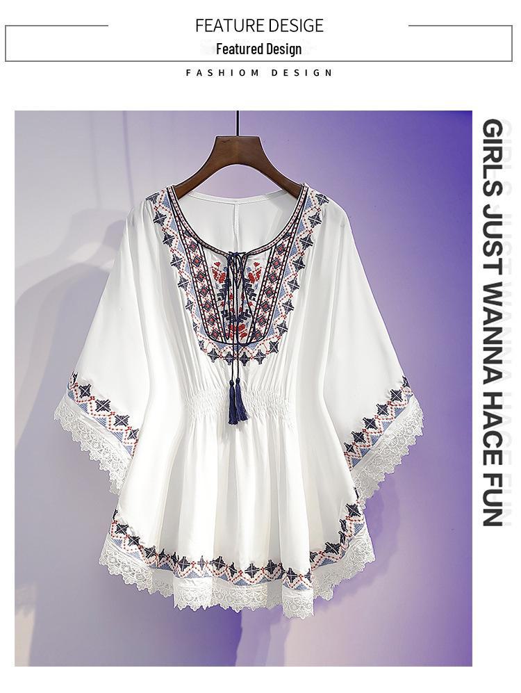 Dámská šifonová košile s retro potiskem na jaro/léto 2024 s volným úzkým pasem