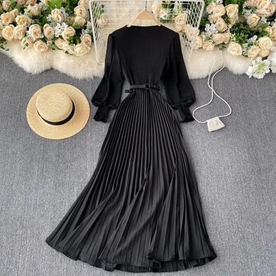 French Style Solid Puff Sleeve Clothing Women Elegant Design Belt Pleated Dresses Female Fashion New One Piece Dress Spring 2024