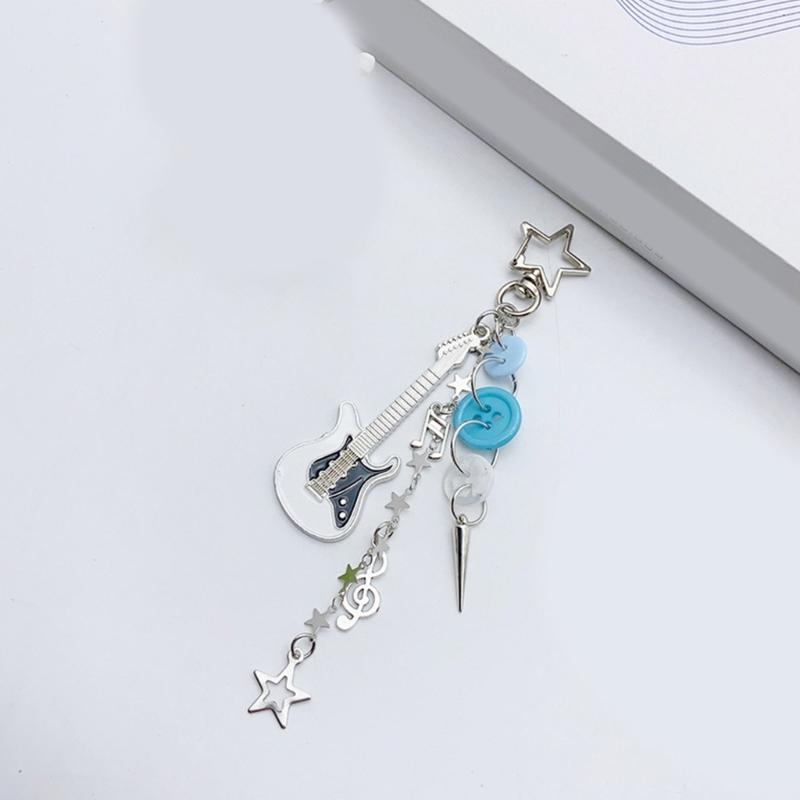 Guitar Star Button Charm Keychains Sweet Cute Pendant Hanging Ornament Keyring Backpack Decoration for Women Girls