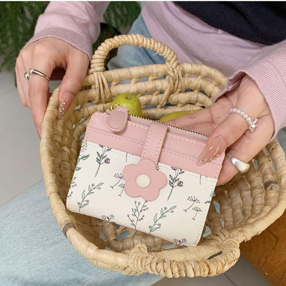 Print PU Leather Card Holder Floral Folding Card Bag Fashion Design Flower Short Wallet  Travel