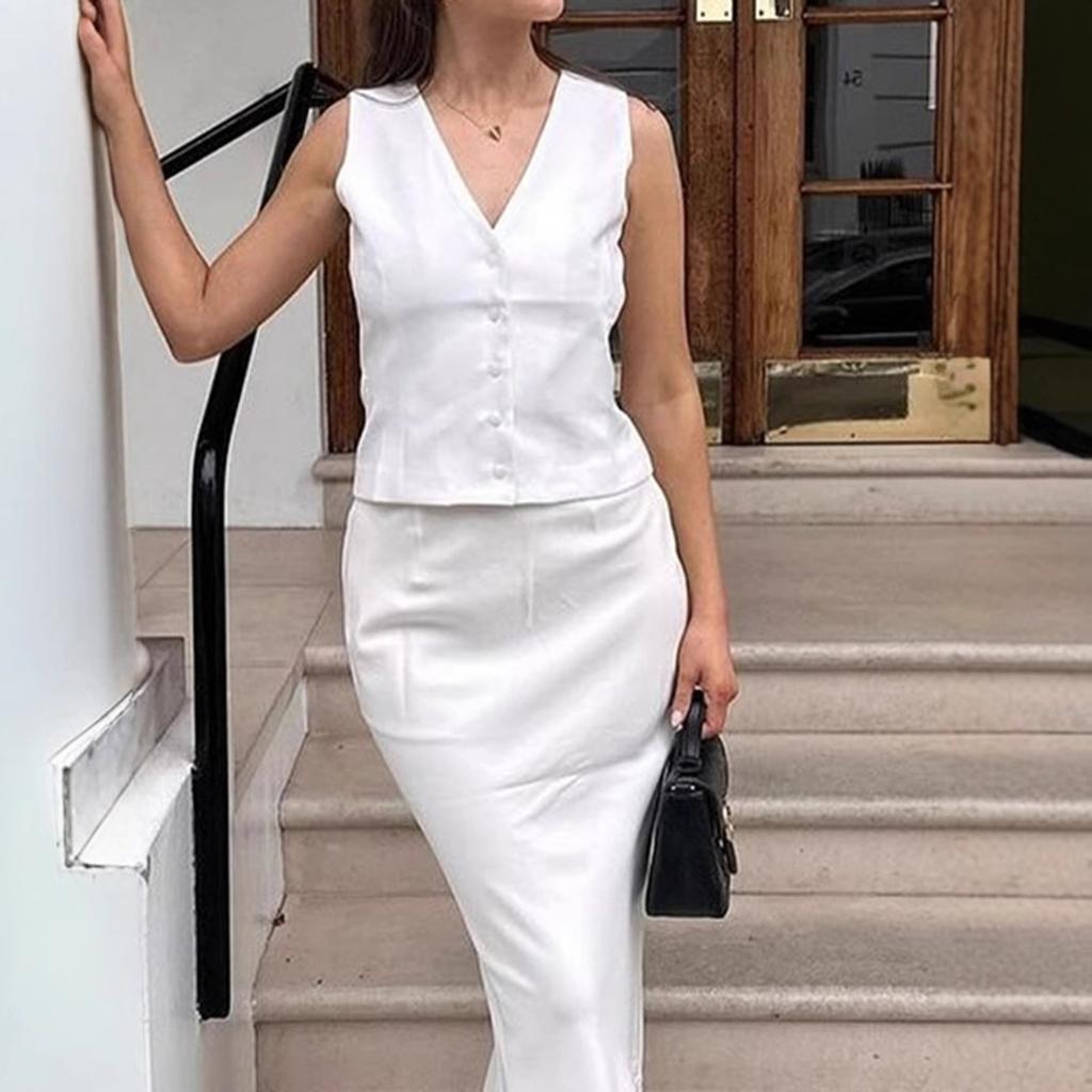 European and American Temperament V-neck Vest Suit Women's 1116 Autumn Commuter White Top Long Skirt Two-piece Women's Clothing