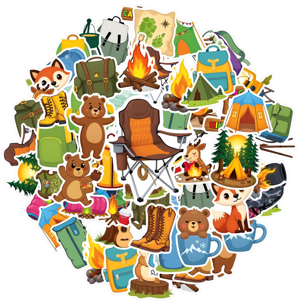 35pcs-50pcs Cartoon Camping Stickers Fun Adventure School Supplies Stickers For Guitar Laptop Helmet Skateboard Laptop