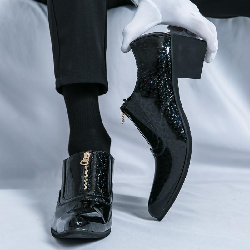 Herrenschuhe mit dickem Absatz, spitzer Zehenpartie, lässig, aus Leder, Herren-Trend, hoher Absatz, erhöhender Schuh, Nachtclub-Trend, Leder-Erhöhungsschuhe