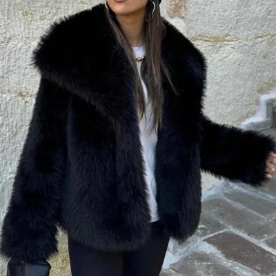 Women Faux Fur Jacket Turn-down Collar Fuzzy Cozy Short Type Outerwear Long Sleeve Loose Fit Celebrity Warm Jacket for Daily Wear Outdoor