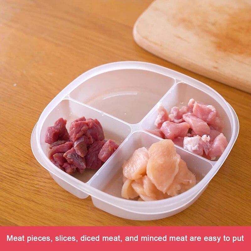 Recipiente de Armazenamento de Alimentos para Geladeira com 4 Compartimentos e Tampa Selada Crisper para Conservação de Alimentos Frescos Caixa de Armazenamento de Carne Organizador Espaçador de Frescor