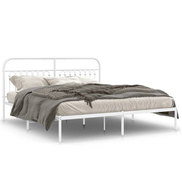 VidaXL Metal Bed Frame with White Headboard 183x203 Cm, Double Bed, Bedroom Furniture, Guest Bed, Bed, 376653