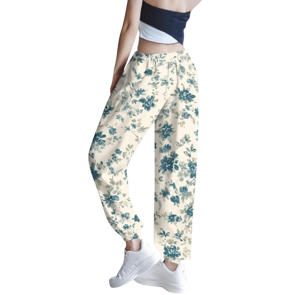 Ladies Summer Print Elastic Waist Loose Casual Wide Leg Pants Trousers