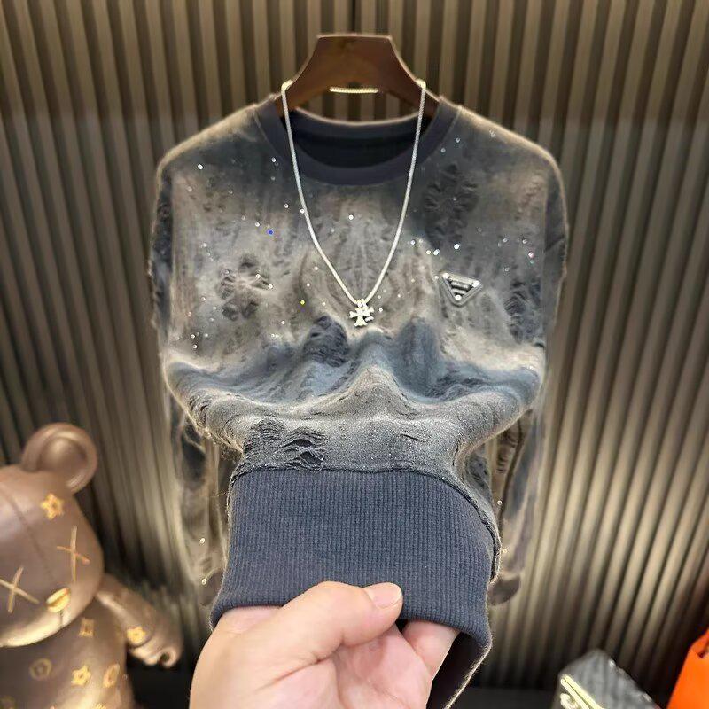 

Men s Velvet-Lined Star Hoodie - Autumn/Winter Casual Ripped Long-Sleeve Round Neck Top 3XL