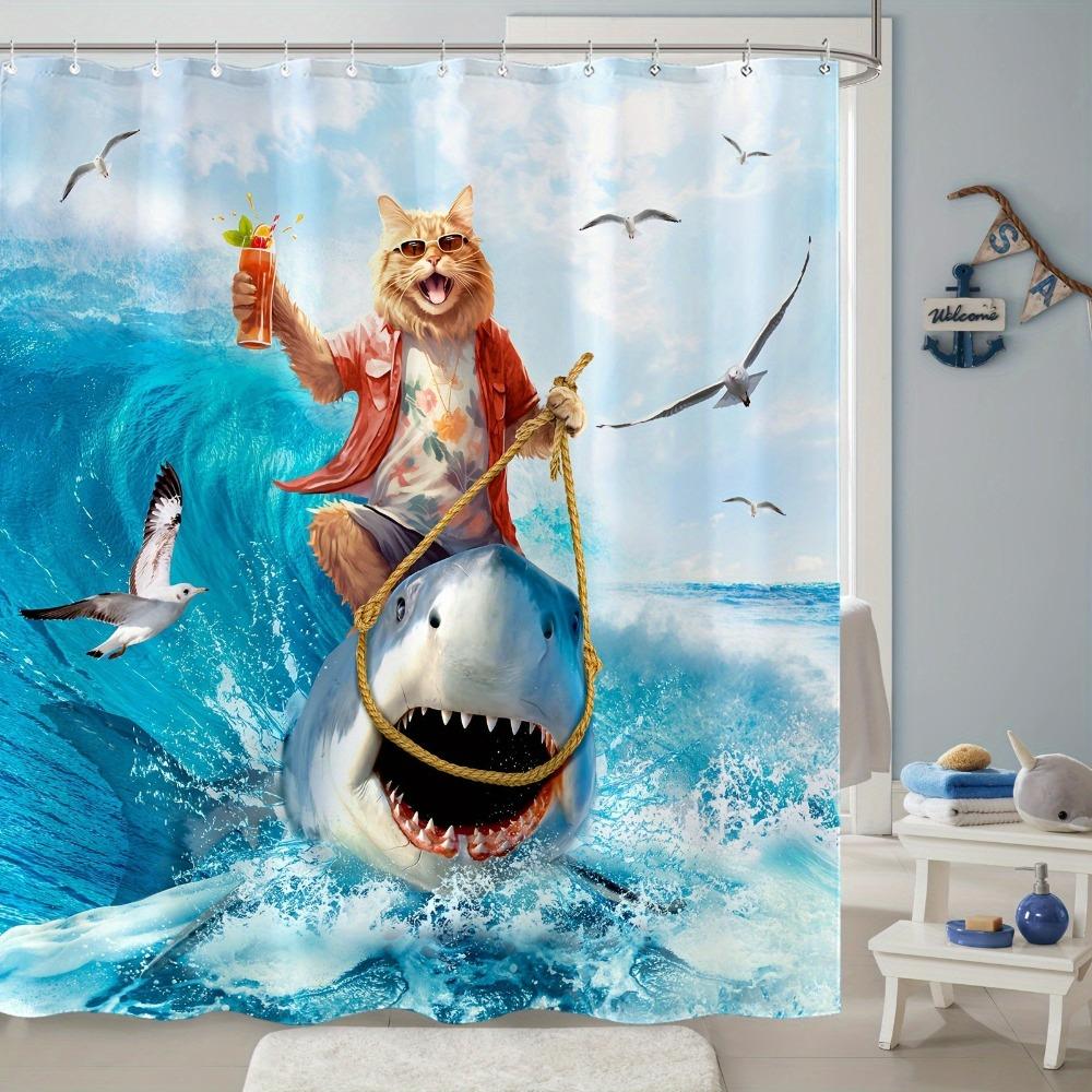 

Catfish Wave Shark Washable Dirt-Resistant Shower Curtain Shower Head Waterproof Polyester Bath Curtain For Home Decor W60H190(CM)-1 Pcs