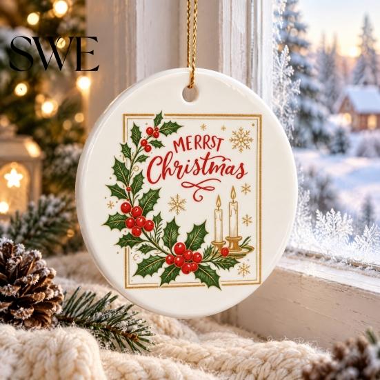 Xmas Tree Hanging Ornaments Ceramic Christmas Ornament, 2D Double Sided Cowboy/Nutcracker/Holy Berry Living Room Wall Decor Ornament for Holiday Tree,