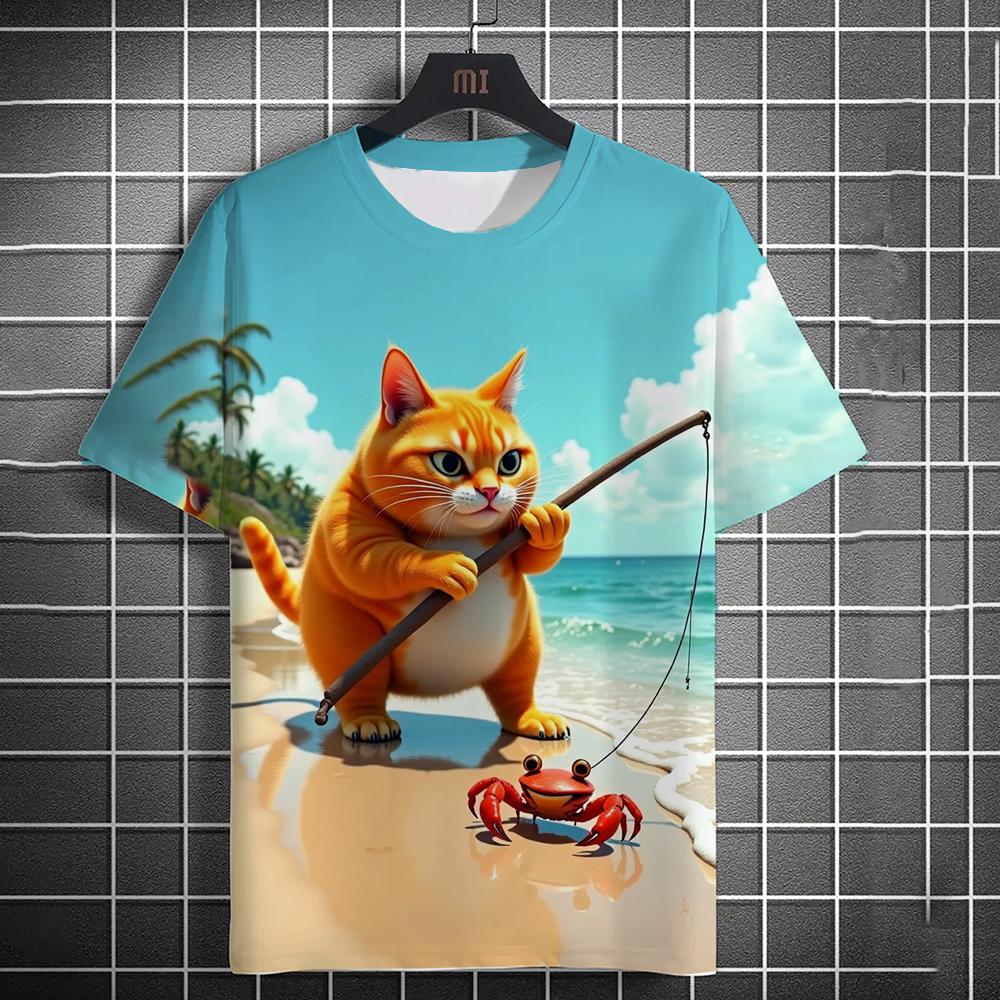 Summer Round Neck Ocean Cat Pattern 3D Print Top Fashionable Casual Short Sleeved Men's T-shirts