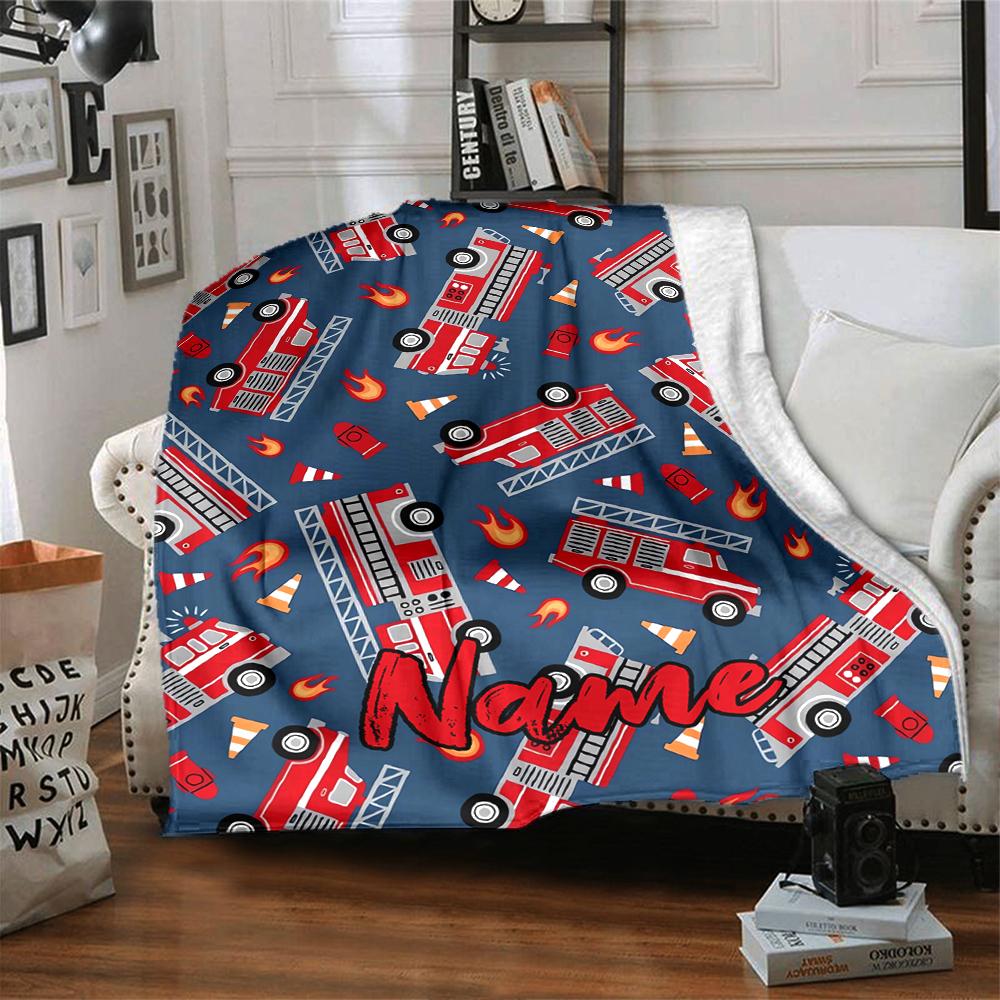 Custom Name fire truck Theme Printed Blanket - Perfect for Couch, Bed, Travel & Outdoor Use | Machine Washable, Cozy & Durable.