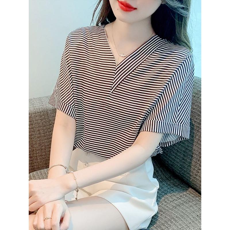 

French Striped Shirt for Women Summer New Style Short-sleeved Design V-neck Beautiful Western Style Shirt Loose Chic Top S белый
