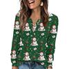 Women's Fashion V-Neck Button-Up T-Shirt With Christmas Print Long-Sleeved Top