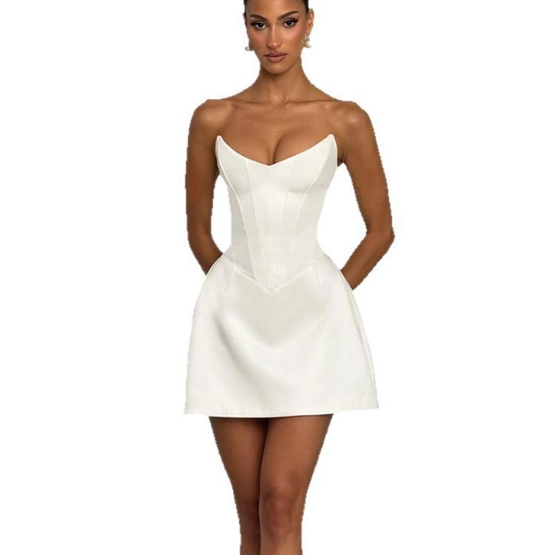 Womens Satin A-Line Mini Dress With Corset Bodice Adjustable Straps High Waist Off-Shoulder Design Party Or Date