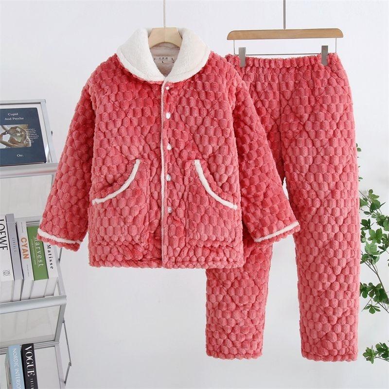 Thickened pajamas women's winter three-layer coral fleece padded cotton can be worn outside, plus sweet loungewear set
