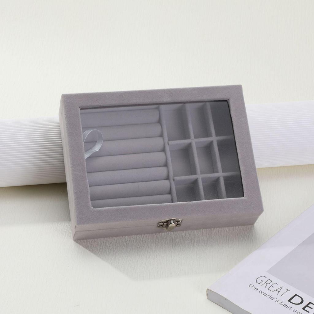 Elegant Flocked Jewelry Storage Box with Earring, Stud & Dangle Compartments - Dustproof, Portable & Transparent Ring Organizer