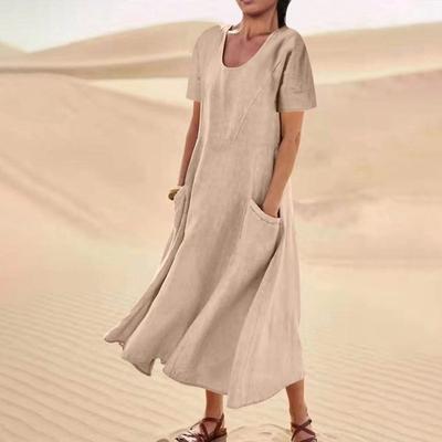 Solid Color Pocket Short Sleeve Crew Neck Dress for Women