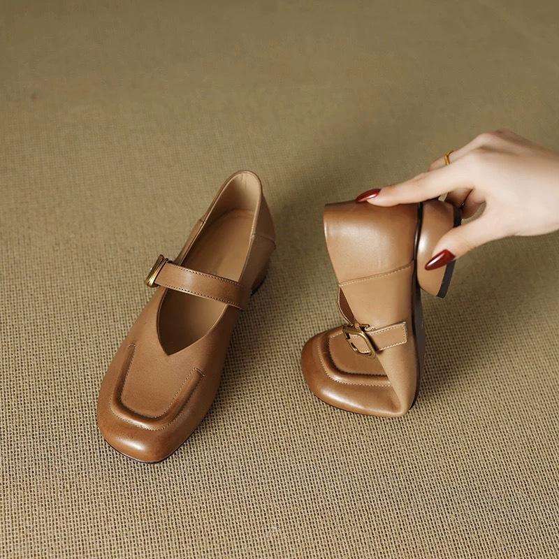 Great to wear French single shoes women's retro square head one-word buckle Mary Jane shoes women's round head low heel medium heel thick heel