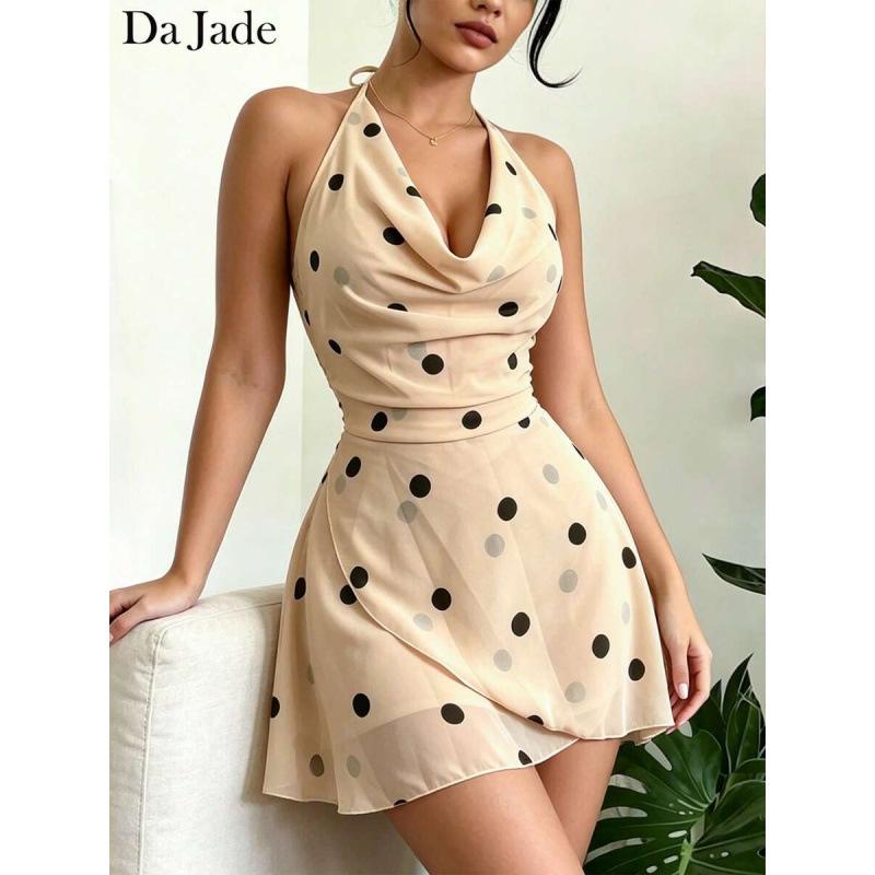European polka dot halter strap chiffon asymmetric skirt neck sleeveless short dress women S