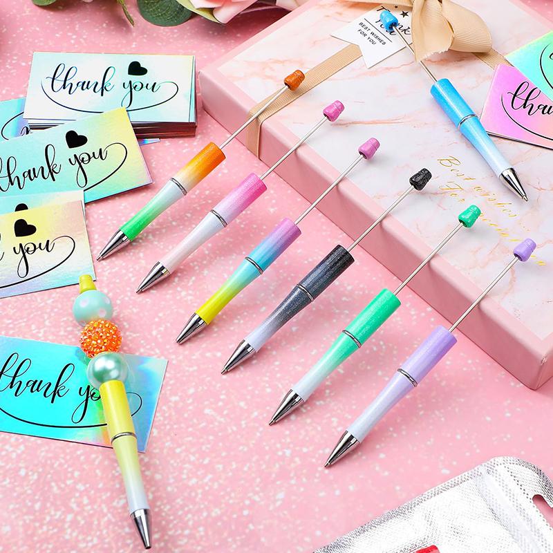 200Pcs Gradient Color Beaded Ballpoint Pen Black Ink Bead Pen Plastic Beadable Writing Pen School Office Supplies