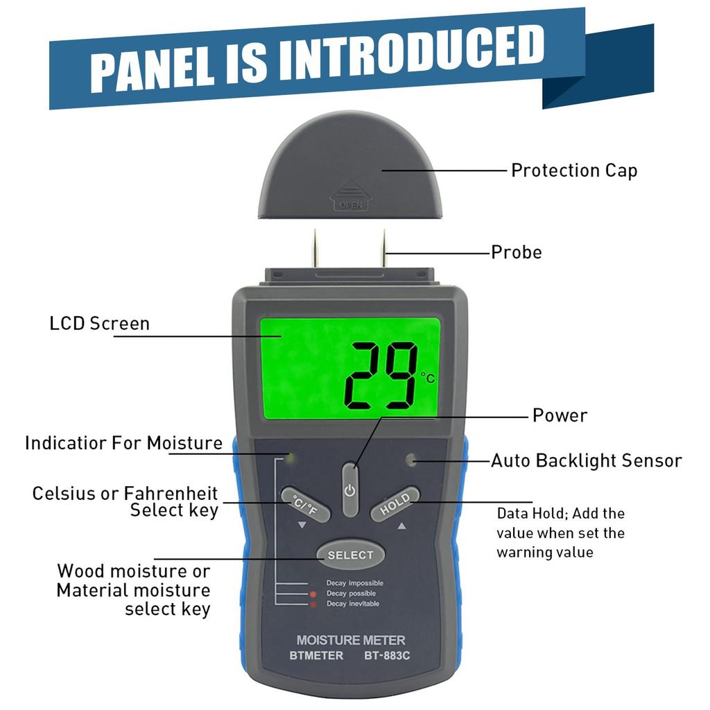 Precision Wood & Hardened Material Moisture Meter, 6%~42%/0.2%~2% Range, with Temp Sensor, LCD Backlight, Portable