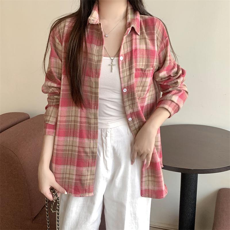 1116 New Spring and Autumn Design Plaid Shirt Jacket Women's New Loose Casual Meat Cover Medium and Long Shirt